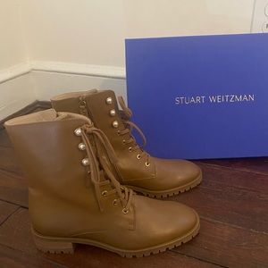 Stuart Weitzman Laine Pearl Leather Combat Boots Sz 8.5 NEW